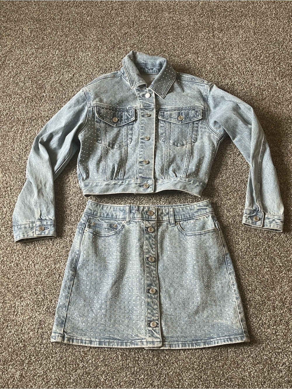 Michael Kors Light Blue Two Piece Rhinestone Jean Jacket (S) and Denim Skirt (6)
